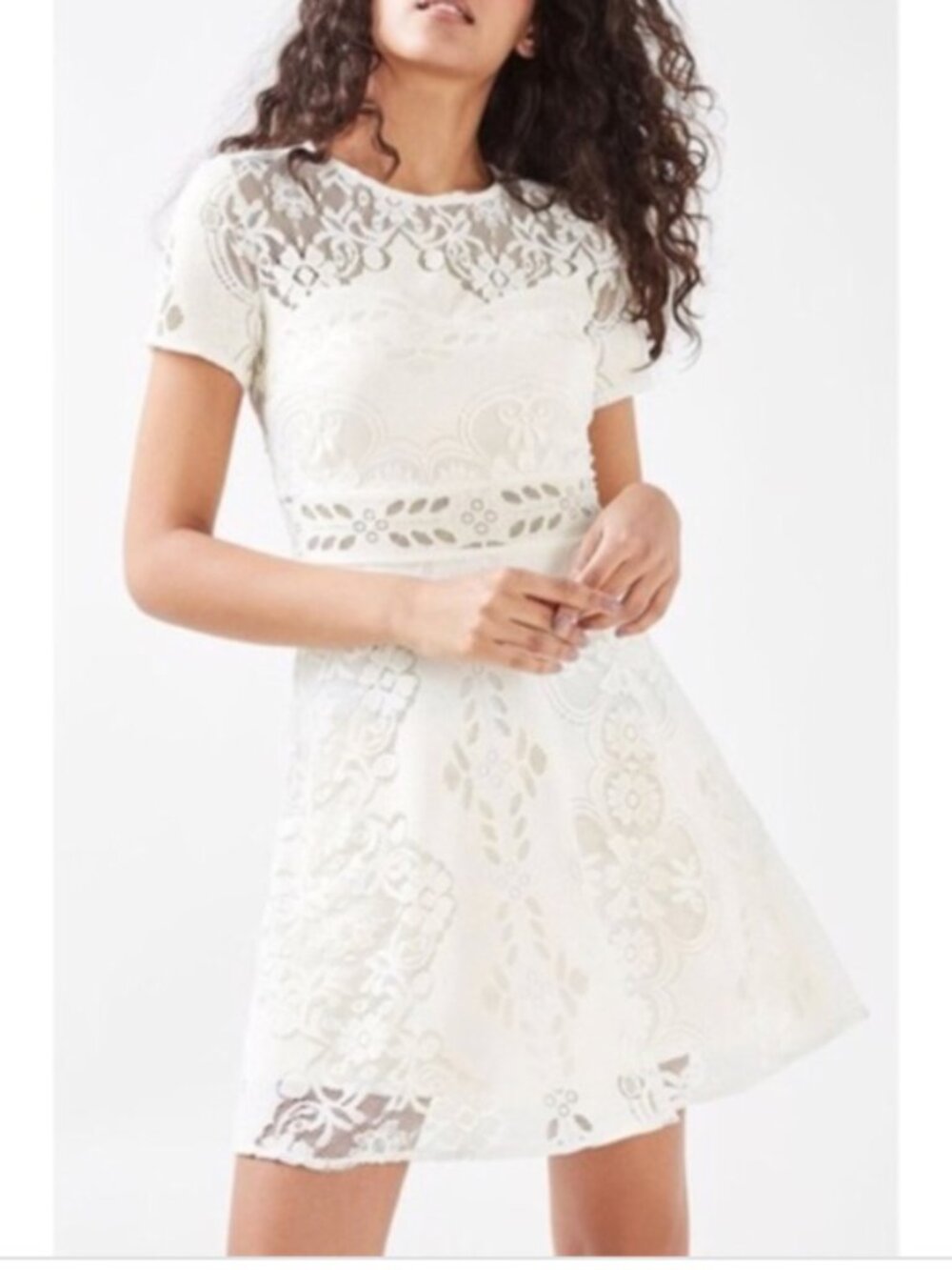 Topshop White & Cream Lace Fit & Flare Mini Dress Size 2 Short Sleeve